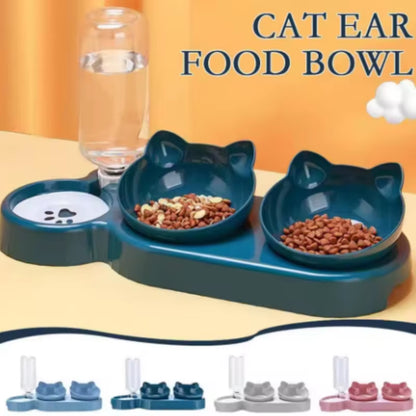 Triple Cat Bowls Pet Feeder, 2-In-1 Double Bowls with Automatic Drinking Bottle, Tilted and Rotatable Design for Cats and Dogs