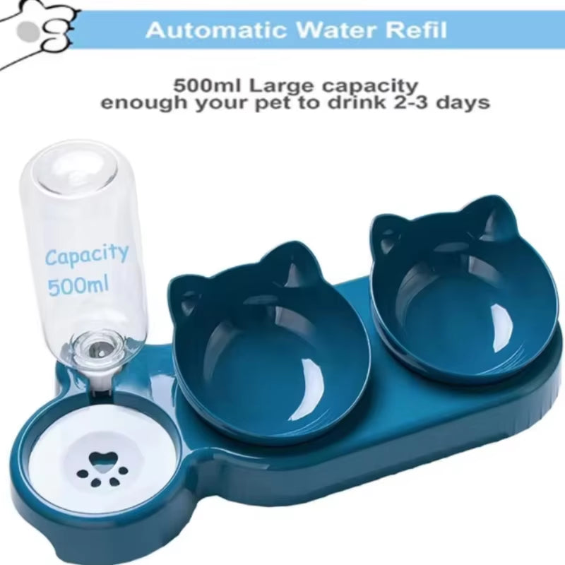 Triple Cat Bowls Pet Feeder, 2-In-1 Double Bowls with Automatic Drinking Bottle, Tilted and Rotatable Design for Cats and Dogs