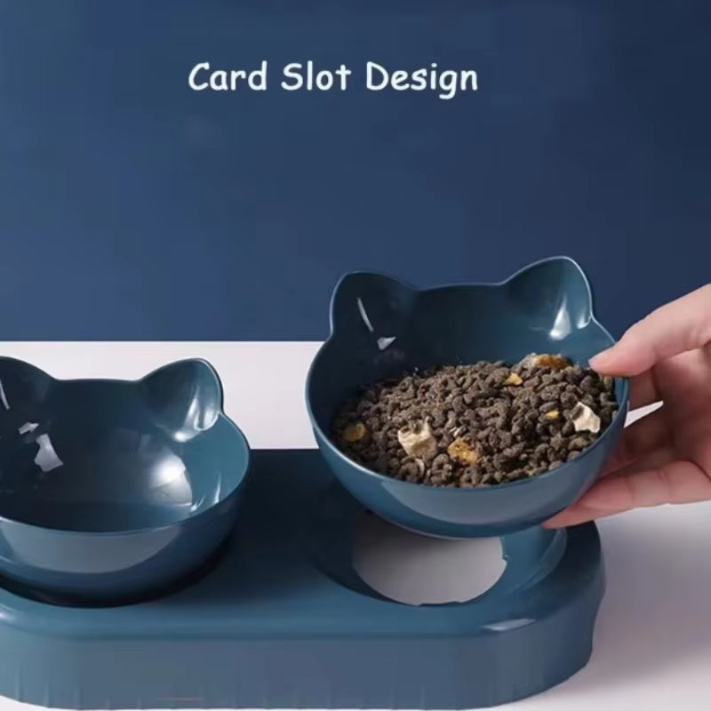 Triple Cat Bowls Pet Feeder, 2-In-1 Double Bowls with Automatic Drinking Bottle, Tilted and Rotatable Design for Cats and Dogs